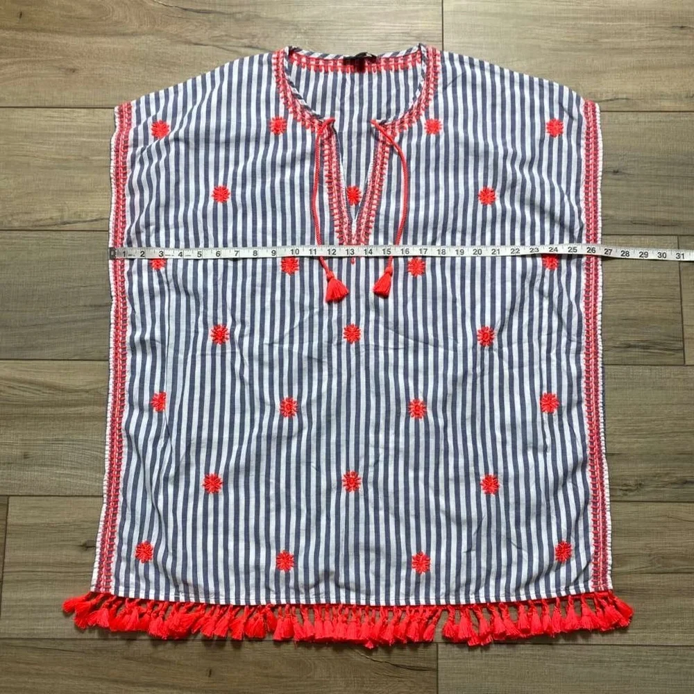 J. Crew Womens Striped Embroidered‎ Beach Tunic Size Small White Blue Coral